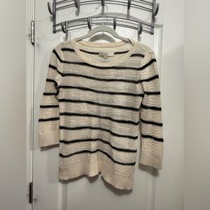 Loft Open Knit‎ Sweater Womens S 3/4 Sleeve Off White Black Stripe Coastal Beach